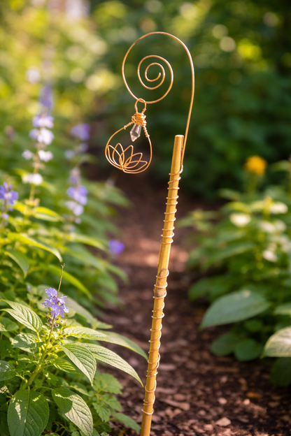 Copper Lotus Garden Stake With Crystal Plant Charm And Wire Plant Decor
