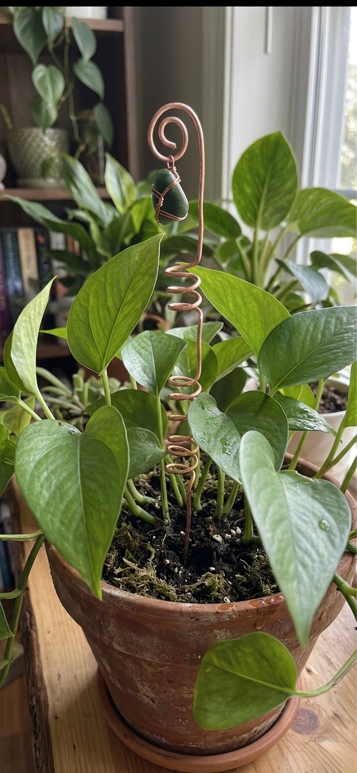 Handmade Copper Plant Stakes With Crystal Accent And Double Spiral Support