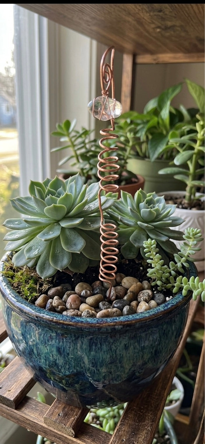 Handmade Copper Plant Stakes With Crystal Accent And Double Spiral Support