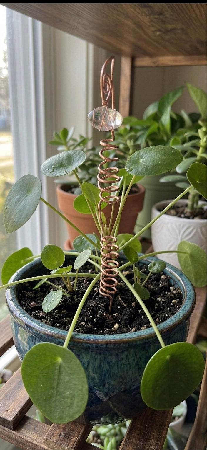 Handmade Copper Plant Stakes With Crystal Accent And Double Spiral Support