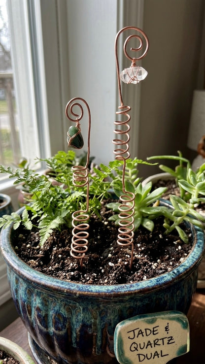 Handmade Copper Plant Stakes With Crystal Accent And Double Spiral Support