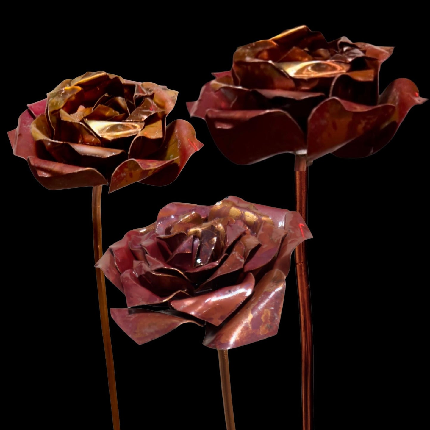 Flame Painted Copper Red Rose Trio - Handcrafted
