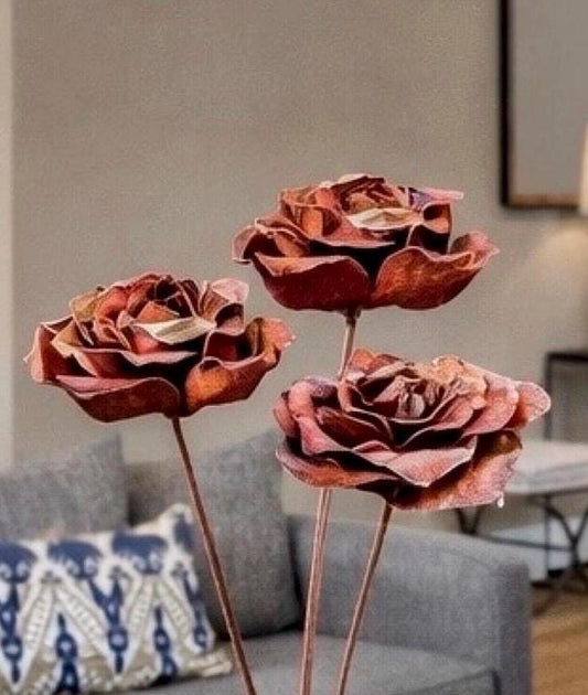 Flame Painted Copper Red Rose Trio - Handcrafted