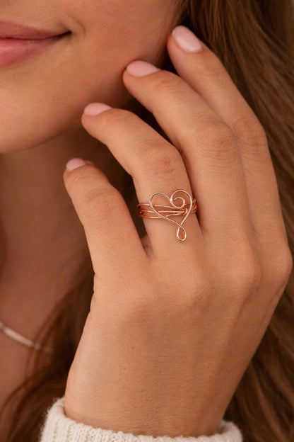 Handmade Wire Wrapped Heart Ring | Copper Swirl Statement Ring | Rustic Boho Jewelry | Romantic Artisan Gift for Her
