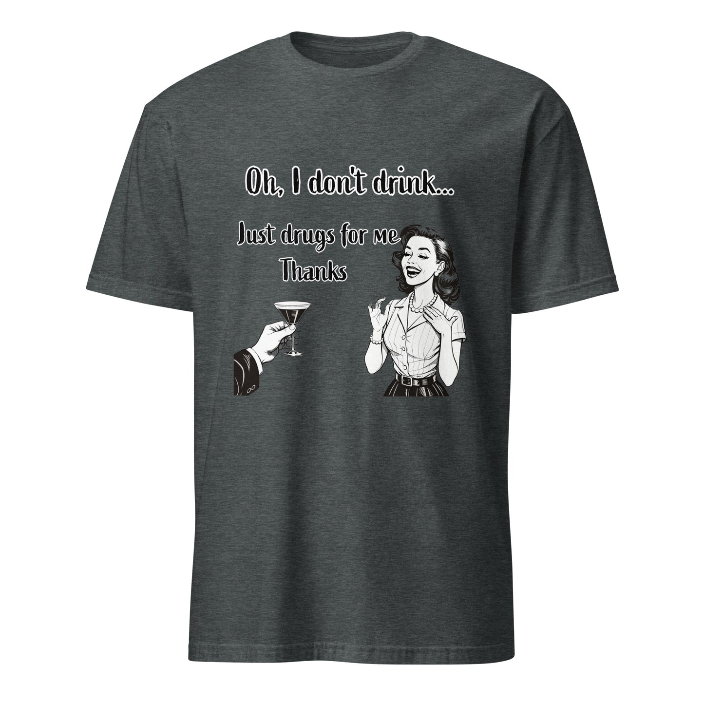 I Dont Drink unisex short-sleeve premium cotton tee with retro cartoon couple toasting.