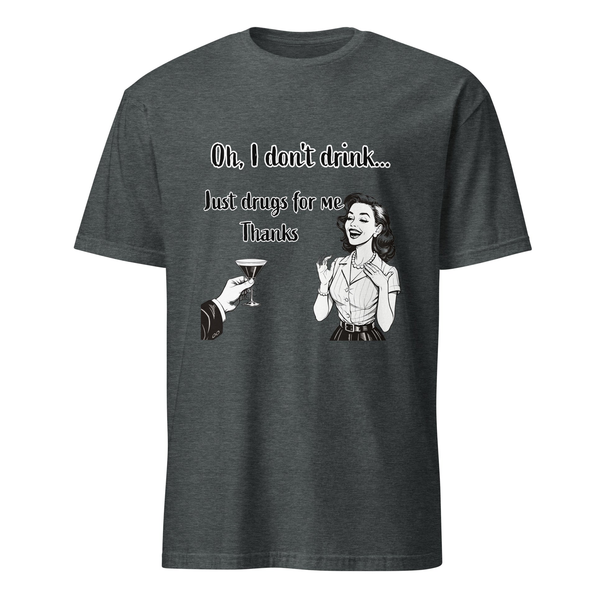 I Dont Drink unisex short-sleeve premium cotton tee with retro cartoon couple toasting.