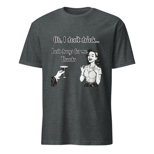 I Dont Drink unisex short-sleeve premium cotton tee with retro cartoon couple toasting.